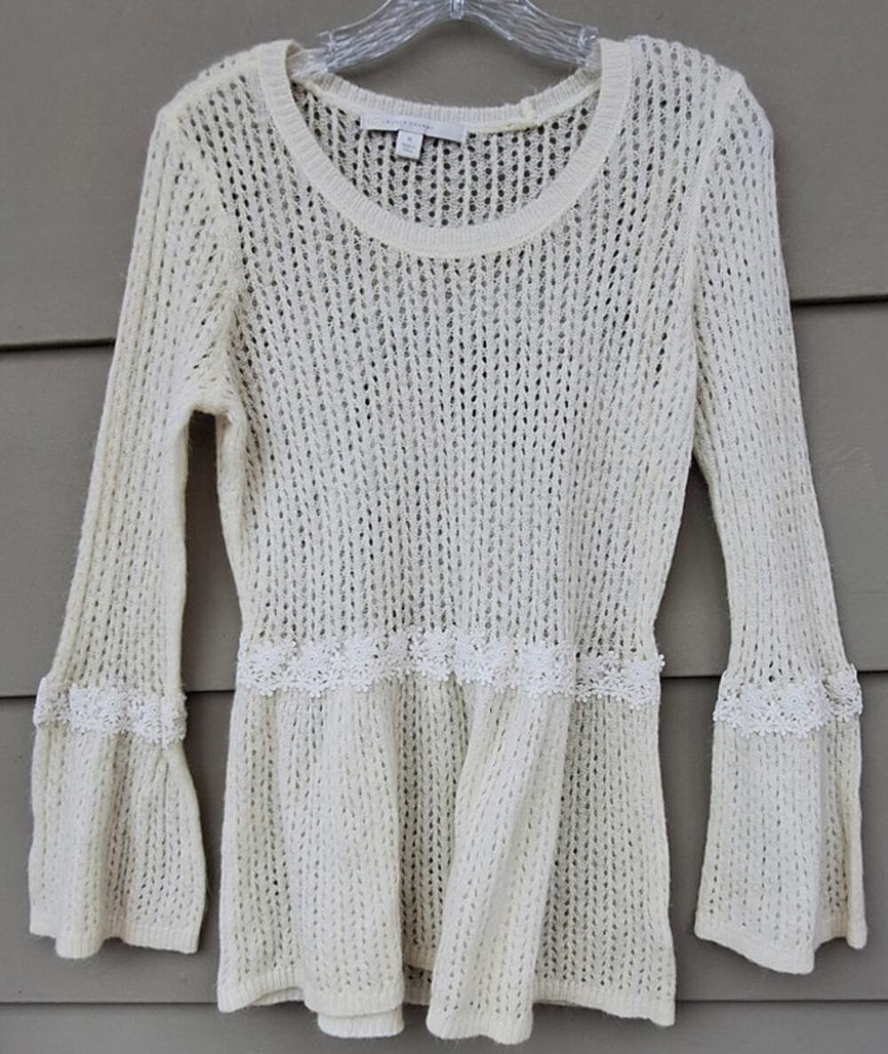 LC Fairy Ethereal Angel Lightweight Embroidered Bell Sleeves Sweater Cream M